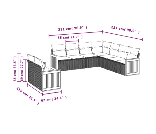 Set de sofás de jardín 9 pzas con cojines ratán sintético beige