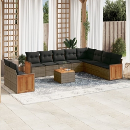Set de sofás de jardín 11 pzas y cojines ratán sintético gris