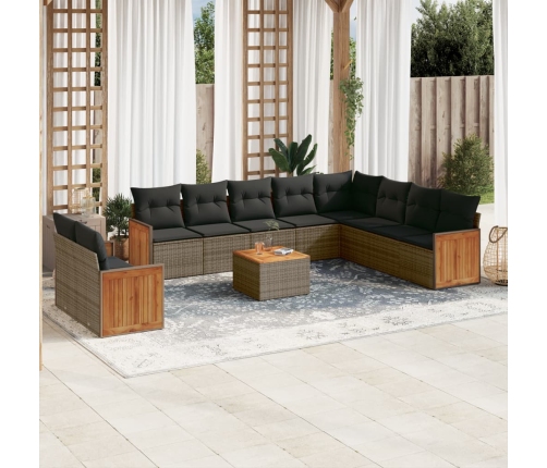Set de sofás de jardín 11 pzas y cojines ratán sintético gris
