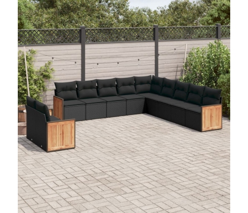 Set de sofás de jardín 11 pzas y cojines ratán sintético negro