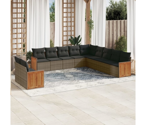 Set de sofás de jardín 11 pzas y cojines ratán sintético gris
