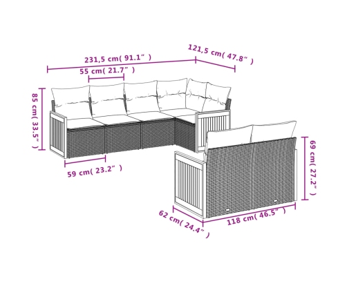Set de sofás de jardín 7 piezas con cojines ratán PE gris