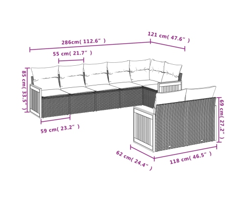 Set de sofás de jardín 8 pzas y cojines ratán sintético gris