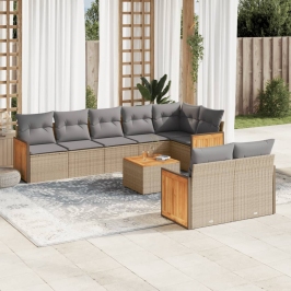 Set de sofás de jardín 9 pzas con cojines ratán sintético beige