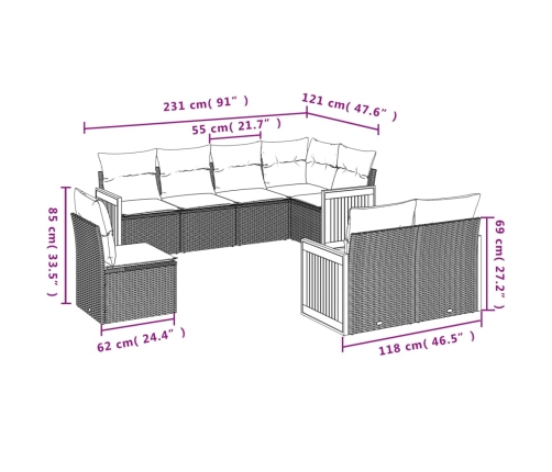 Set de sofás de jardín 8 pzas y cojines ratán sintético gris
