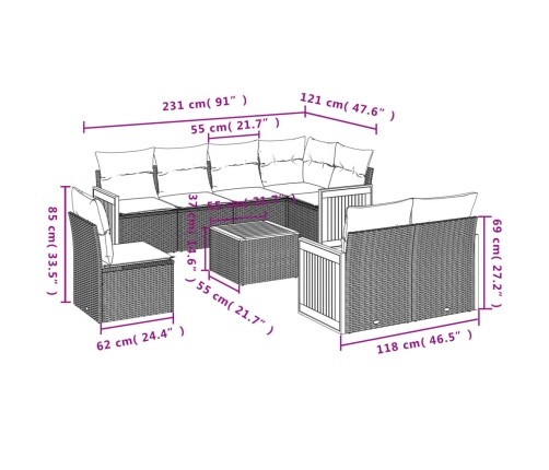 Set de sofás de jardín 8 piezas y cojines ratán sintético negro