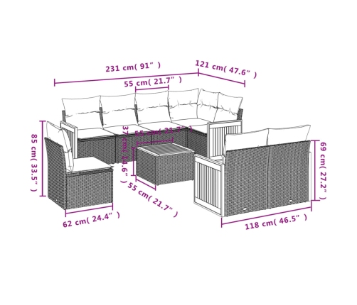 Set de sofás de jardín 9 pzas con cojines ratán sintético beige