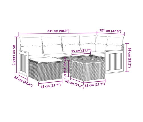 Set de comedor de jardín 7 pzas y cojines ratán sintético negro