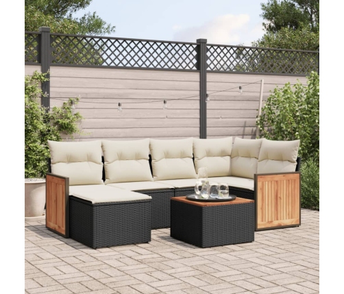 Set de comedor de jardín 7 pzas y cojines ratán sintético negro