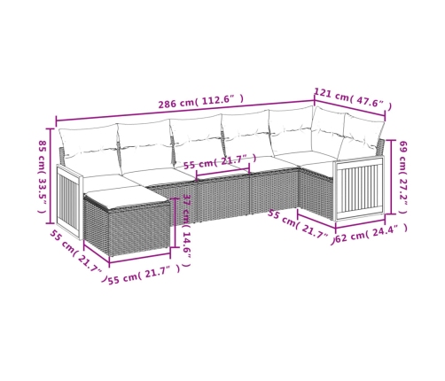 Set de comedor de jardín 7 pzas y cojines ratán sintético negro