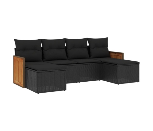 Set de sofás de jardín 6 piezas y cojines ratán sintético negro