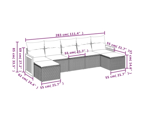 Set sofás de jardín 7 piezas y cojines ratán sintético beige