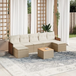 Juego de sofás de jardín con cojines beige 8 pzas ratán PE