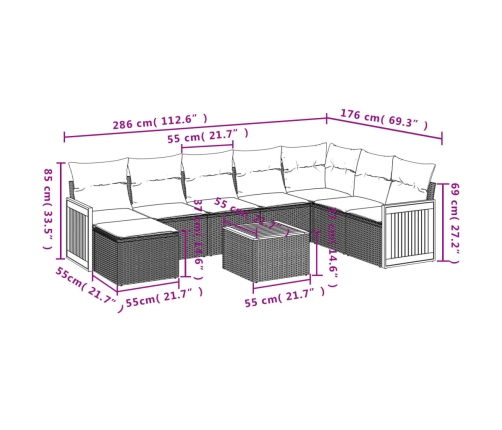 Set de sofás de jardín 9 pzas con cojines ratán sintético beige