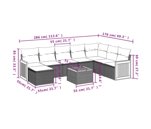 Set de muebles de jardín 9 pzas y cojines ratán sintético gris