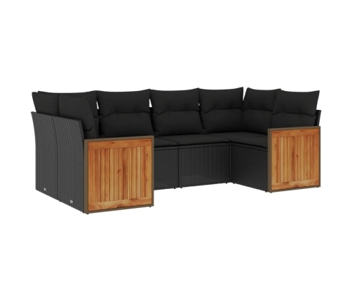 Set de sofás de jardín 6 piezas y cojines ratán sintético negro