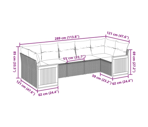 Set de comedor de jardín 7 pzas y cojines ratán sintético negro