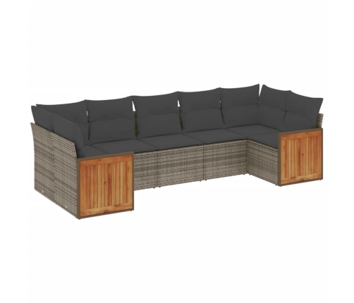 Set de sofás de jardín 7 piezas con cojines ratán PE gris