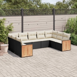 Set de sofás de jardín 8 piezas y cojines ratán sintético negro