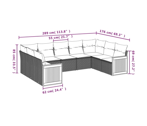 Set de sofás de jardín 9 pzas con cojines ratán sintético beige
