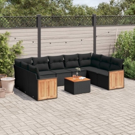 Set de sofás de jardín 10 pzas cojines ratán sintético negro