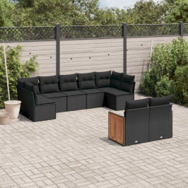 Set de sofás de jardín 8 piezas y cojines ratán sintético negro