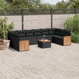 Set de sofás de jardín 11 pzas y cojines ratán sintético negro
