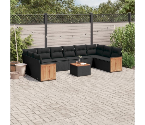 Set de sofás de jardín 11 pzas y cojines ratán sintético negro