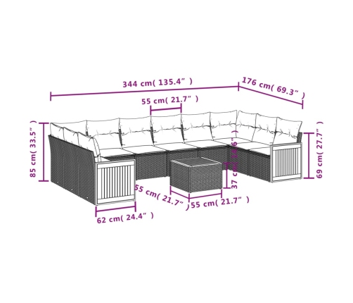 Set de sofás de jardín 11pzas con cojines ratán sintético beige
