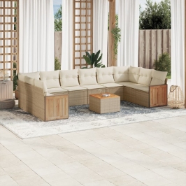 Set de sofás de jardín 11pzas con cojines ratán sintético beige
