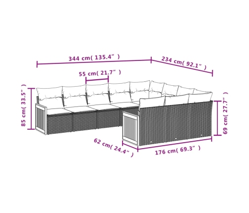Set de sofás de jardín 10 pzas cojines ratán sintético negro