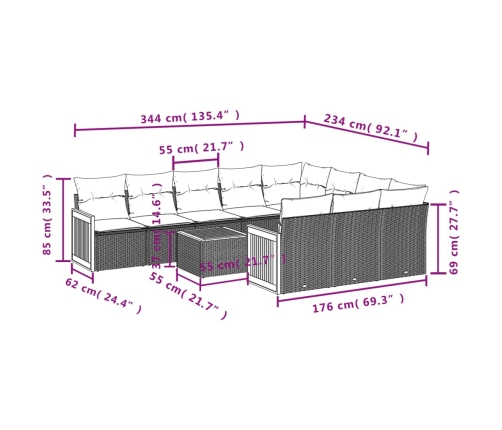 Set de sofás de jardín 11 pzas y cojines ratán sintético negro