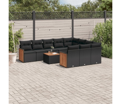 Set de sofás de jardín 11 pzas y cojines ratán sintético negro