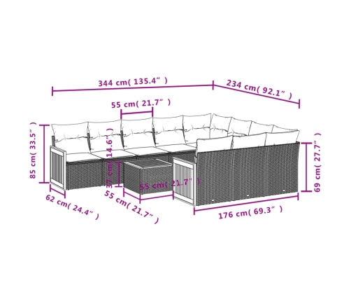 Set de sofás de jardín 11pzas con cojines ratán sintético beige