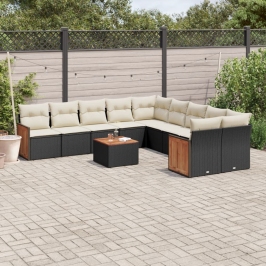 Set de sofás de jardín 11 pzas y cojines ratán sintético negro