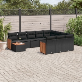 Set de sofás de jardín 11 pzas y cojines ratán sintético negro