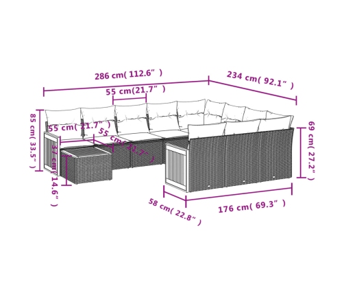 Set de sofás de jardín 11 pzas y cojines ratán sintético negro