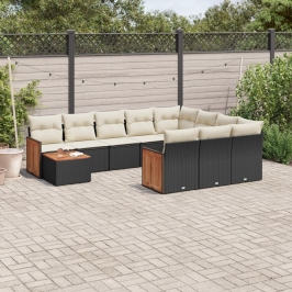 Set de sofás de jardín 11 pzas y cojines ratán sintético negro