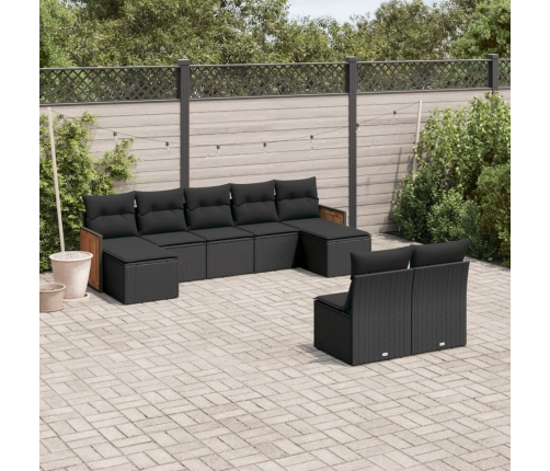 Set de sofás de jardín 8 piezas y cojines ratán sintético negro
