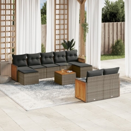 Set de sofás de jardín 10 pzas con cojines ratán sintético gris