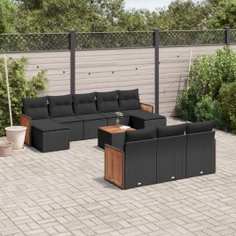 Set de sofás de jardín 11 pzas y cojines ratán sintético negro
