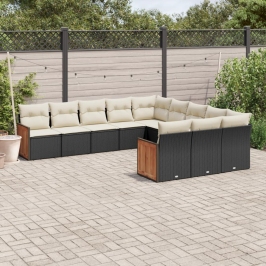 Set de sofás de jardín 11 pzas y cojines ratán sintético negro