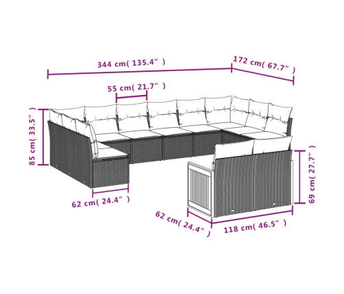 Set de sofás de jardín 12 piezas cojines ratán sintético negro