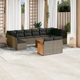 Set sofás de jardín con cojines 13 piezas ratán sintético gris