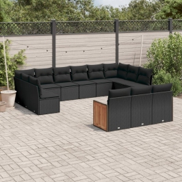 Set de sofás de jardín y cojines 13 pzas ratán sintético negro