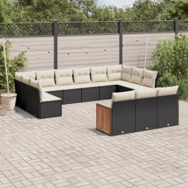 Set de sofás de jardín y cojines 13 pzas ratán sintético negro