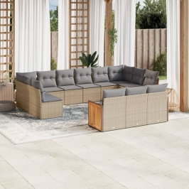 Set sofás de jardín con cojines 13 pzas ratán sintético beige