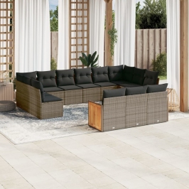 Set sofás de jardín con cojines 13 piezas ratán sintético gris