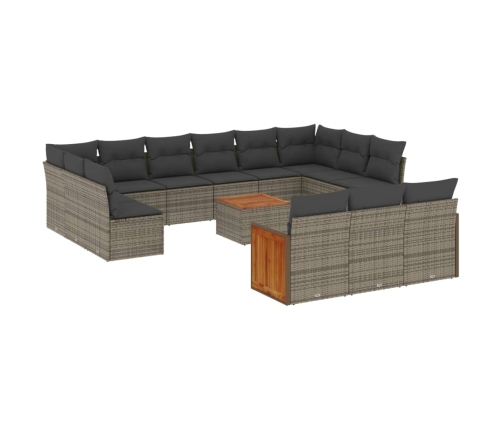 Set de sofás de jardín 14 pzas con cojines ratán sintético gris