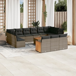 Set de sofás de jardín 14 pzas con cojines ratán sintético gris